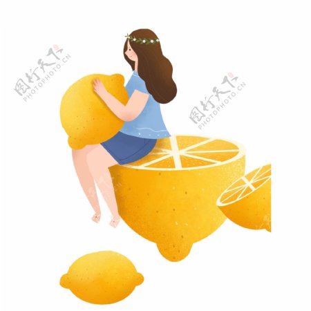 手绘坐在柠檬上的精灵女孩