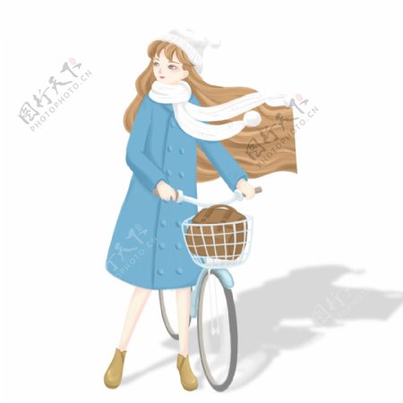 手绘小清新骑自行车的少女人物设计