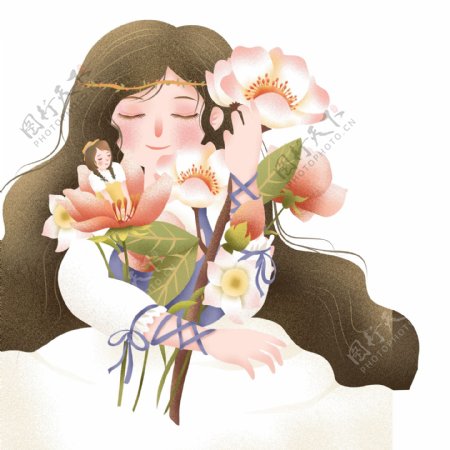 清新唯美抱着花朵的女孩