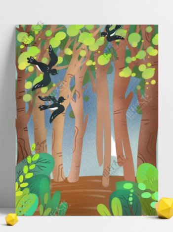 清新手绘春季树林燕子背景设计