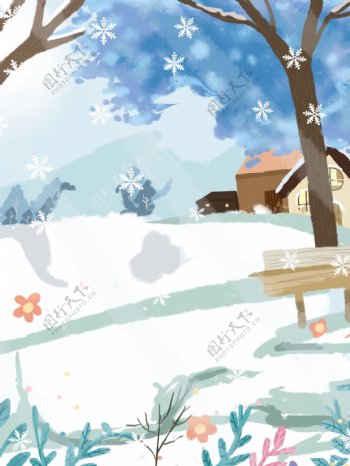 手绘冬季雪花雪地背景设计