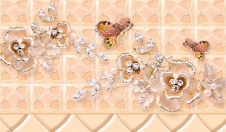现代简约珠宝花朵蝴蝶背景墙