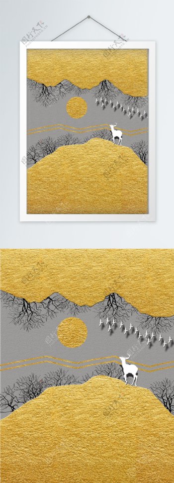 中式立体金箔山峰麋鹿客厅装饰画