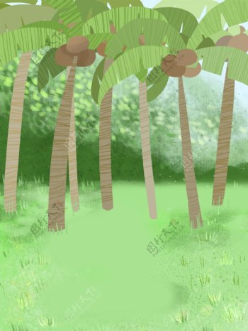 清新风绿色椰子树插画背景