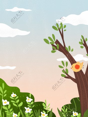 春天你好树上的鸟风景插画背景