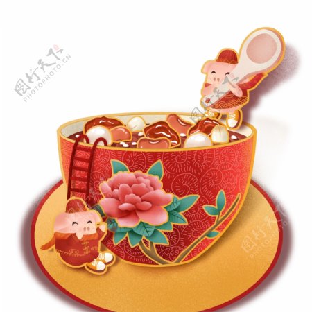喜庆中国风吃腊八粥的小猪设计