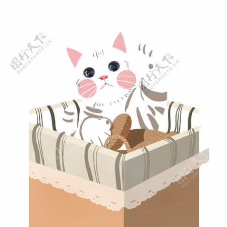 手绘篮子里的小猫咪插画元素