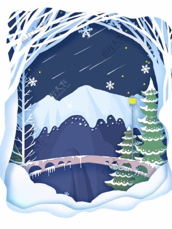 剪纸风冬季雪景背景设计