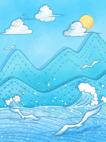 彩绘冬季雪山大海背景设计