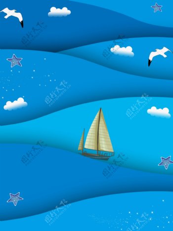 简约淡雅蓝色渐变云彩海洋航海背景