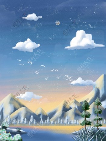 彩绘蓝天白云雪山背景设计