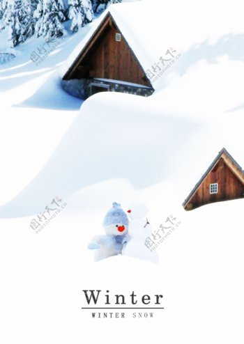 白色冬季房屋雪景简画海报