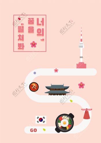 韩国简单的粉红色可爱的当地风景区南山宝塔Kwanghuamen旅游专辑封面模板