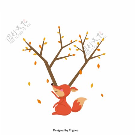 卡通可爱的狐狸看秋天的树叶