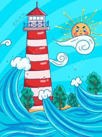 航海系列原创背景海浪灯塔