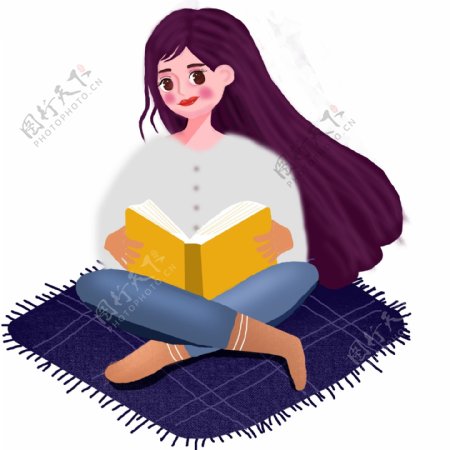 卡通小清新坐在地毯上看书的女孩