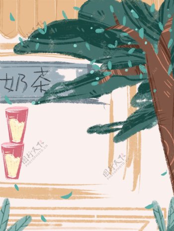 彩绘春季大树奶茶店背景设计