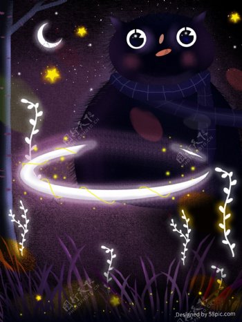 彩绘发光黑猫晚安背景设计