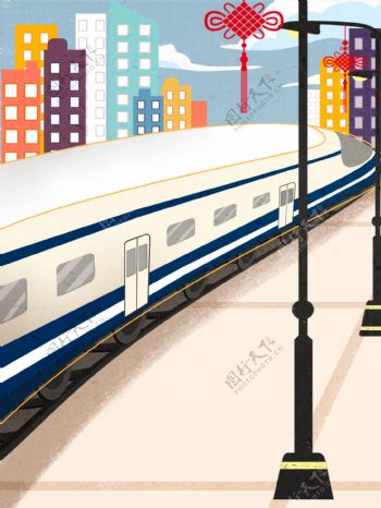 简约手绘火车站风景插画背景