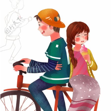 彩绘骑自行车约会的小情侣人物设计