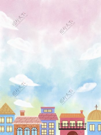 手绘彩云别墅城堡背景设计