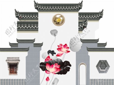 新中式徽派建筑荷花背景墙