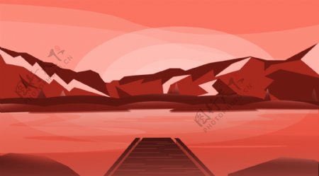 珊瑚红山水风景插画背景