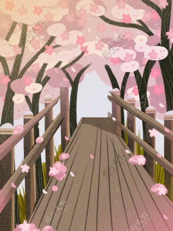 手绘春季樱花走廊背景设计