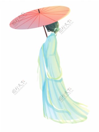 手绘古代打伞的美女中国风免扣素材