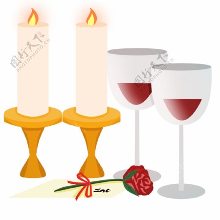 情人节烛光晚餐红酒杯玫瑰花情书免扣可商用