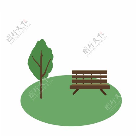 手绘长椅树木卡通草地