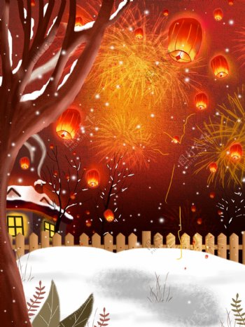 新年雪地孔明灯烟花背景设计