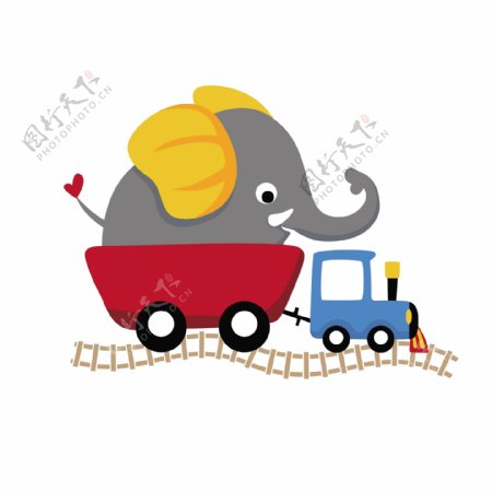 卡通玩火车的大象矢量素材