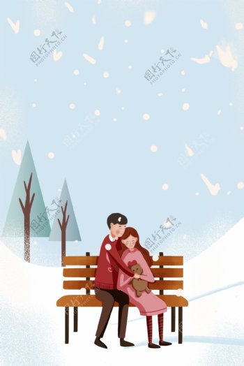 冬日公园约会情侣插画海报