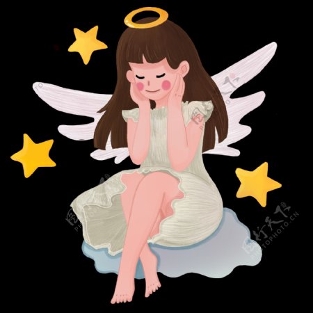 睡觉的天使女孩插画