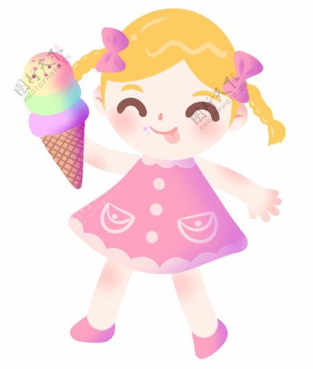 吃冰淇淋的女孩插画