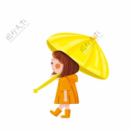 卡通可爱撑着黄色雨伞的女孩