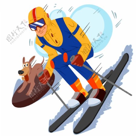 手绘滑雪的狗狗插画