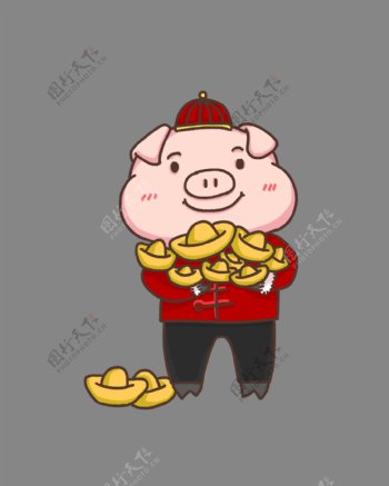春节卡通猪抱金元宝手绘