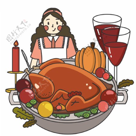 卡通手绘感恩节吃火鸡红酒的女孩