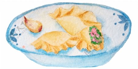 手绘冬季美食一盘煎饺子插画