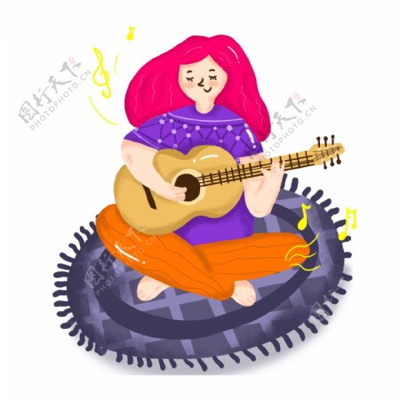 卡通手绘弹吉他的女孩PSD源文件