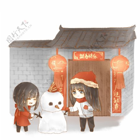 女孩堆雪人欢度春节