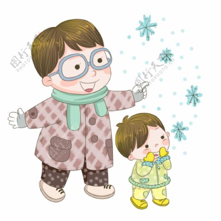 冬季和爸爸一起看雪男孩插画