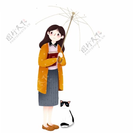 手绘卡通撑着雨伞的女孩元素