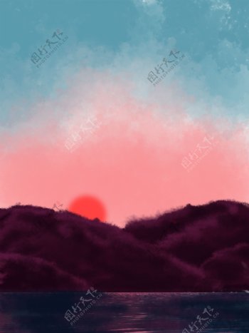 手绘紫色山川黄昏背景