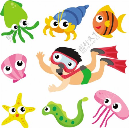 卡通潜水男孩和7款海洋动物