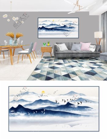 新中式意境手绘水墨蓝色山水装饰画