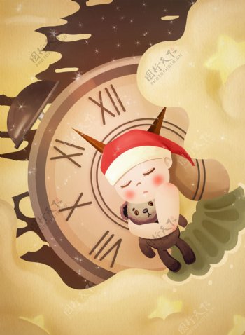 世界儿童日孩子依靠钟表睡着插画