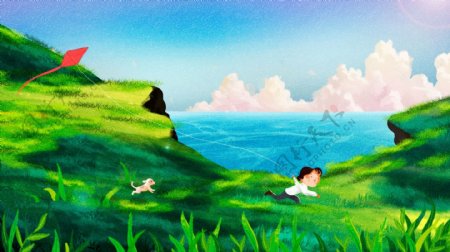 小清新夏日海边旅游放风筝插画